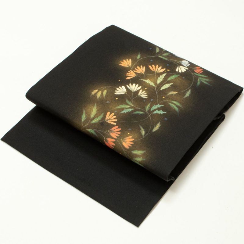 名古屋帯 塩瀬 友禅 刺繍 花唐草の図 黒 金彩 正絹 九寸 | 着物