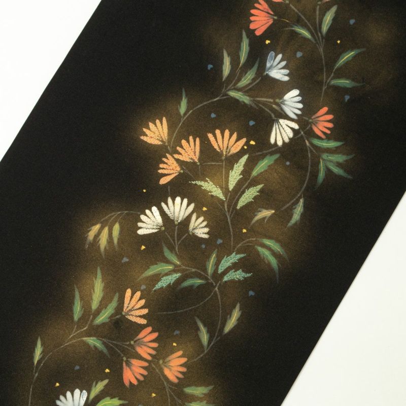 名古屋帯 塩瀬 友禅 刺繍 花唐草の図 黒 金彩 正絹 九寸 | 着物