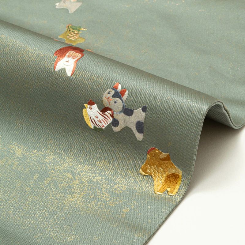 美品】名古屋帯 本漆箔 刺繍 干支並びの図 水浅葱 西陣織 正絹