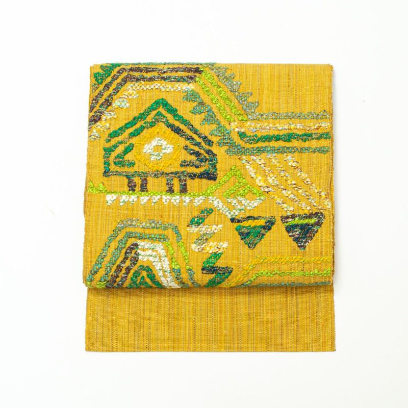 紬八寸名古屋帯（抽象花文）長371 正絹美品