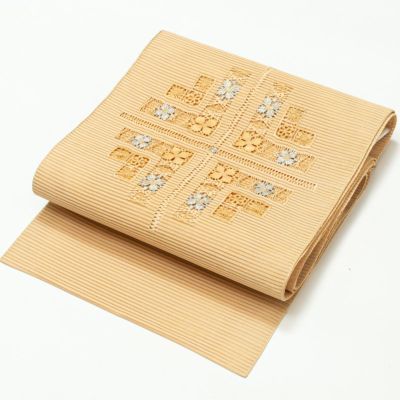 驚きの値段 九寸名古屋帯 美品 薄ベージュ 金糸 橘 桜 松 桐