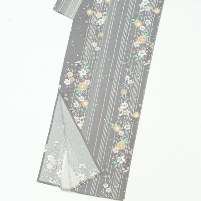 未使用品】小紋 単衣 友禅 疋田縞 枝垂れ桜 菊 縮緬 グレー 正絹