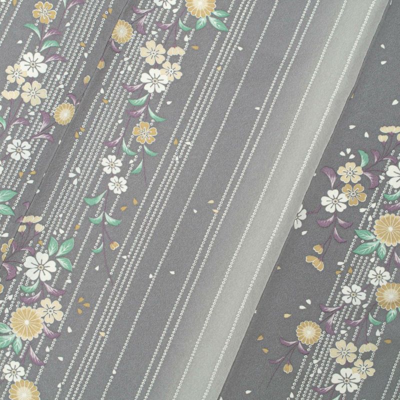 未使用品】小紋 単衣 友禅 疋田縞 枝垂れ桜 菊 縮緬 グレー 正絹