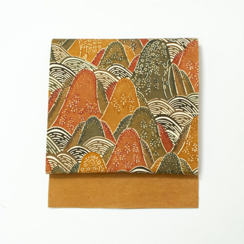 美品】名古屋帯 紅型風 型絵染め 遠山桜 青海波 ブラウン系 正絹