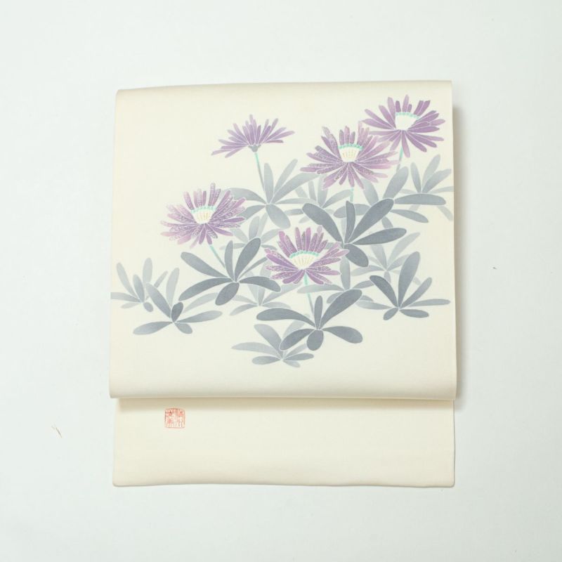 未使用品】名古屋帯 塩瀬 友禅 刺繍 花文 藤色 白 作家物 落款