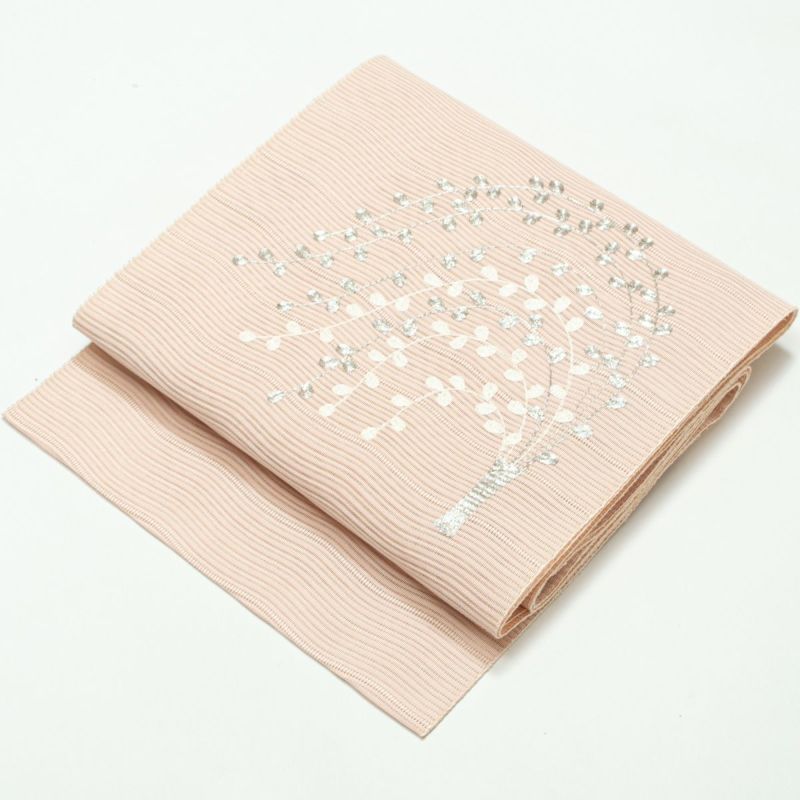 名古屋帯 絽綴れ 波筬織 刺繍 植物文様 モダン 薄桜 白 銀糸