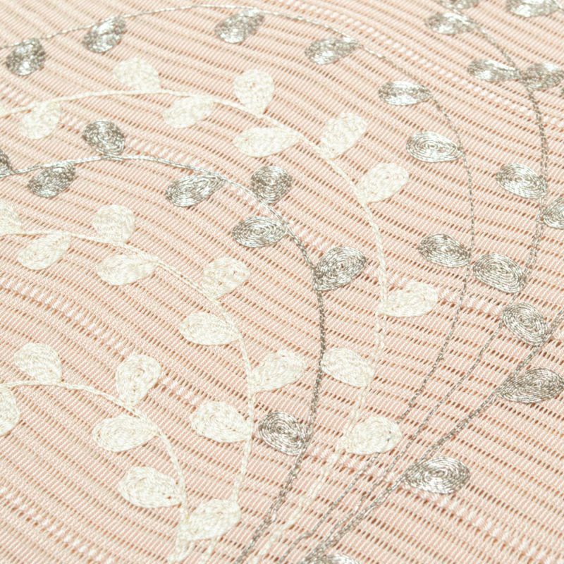 名古屋帯 絽綴れ 波筬織 刺繍 植物文様 モダン 薄桜 白 銀糸