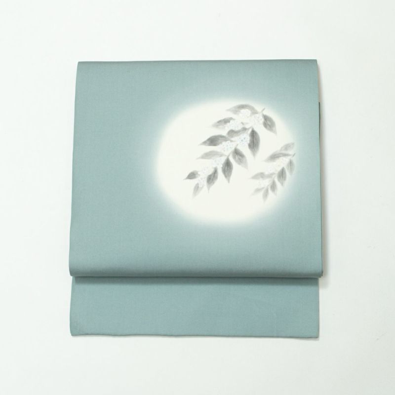 美品】開き名古屋帯 塩瀬 手描き友禅 白花 水浅葱 正絹 九寸