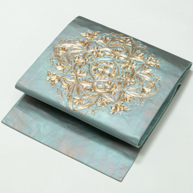 名古屋帯 引箔 刺繍 唐花紋 水浅葱 金銀糸 正絹 九寸 | 着物
