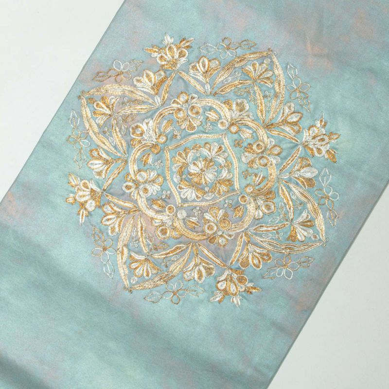 名古屋帯 引箔 刺繍 唐花紋 水浅葱 金銀糸 正絹 九寸 | 着物