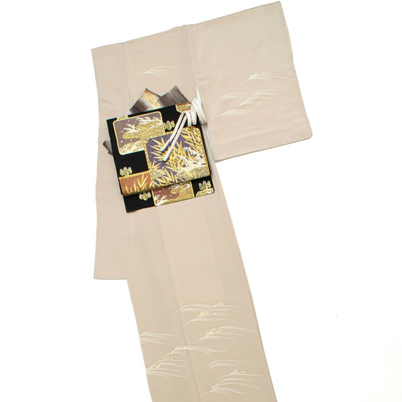 【裄長トールサイズ】波頭文 訪問着 正絹 ベージュカラー 未使用品】訪問着 友禅 金彩 波文 ベージュ 一つ紋 正絹 袷 身丈
