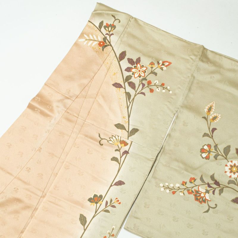 未使用品】訪問着 友禅 四季花 花唐草文 裏葉柳 香色 暈し染め
