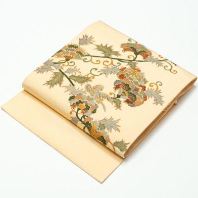 5k2358 名古屋帯　茶色　緑　グレー　柄物　和装　着物 蕨柄刺繍名古屋帯