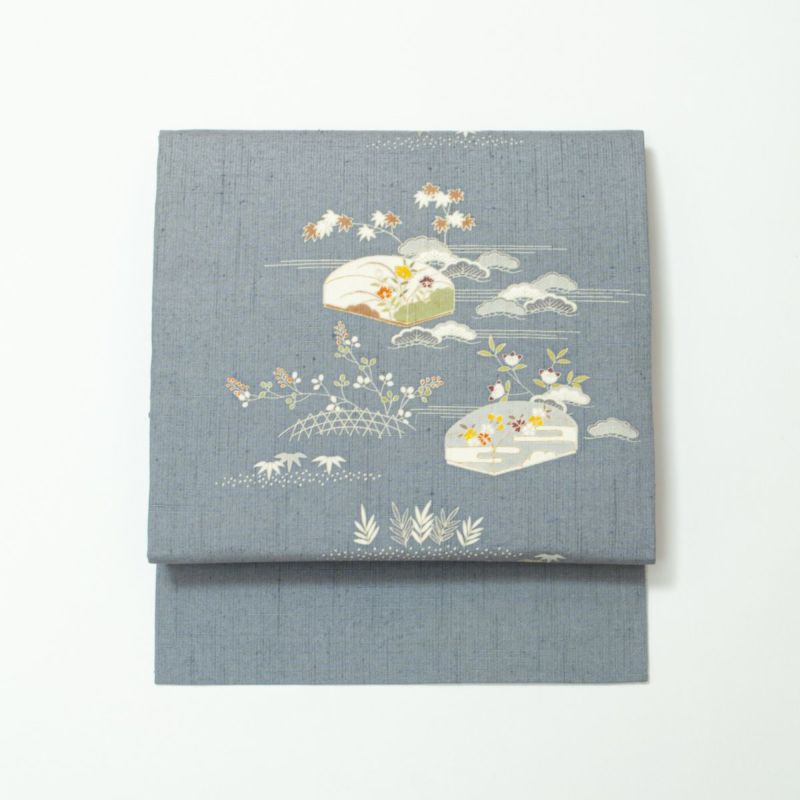 No.2587 正絹草花文様紬　美品 楽天市場】名古屋帯 美品 秀品 紬地 草花 短冊 刺繍 金糸 茶色