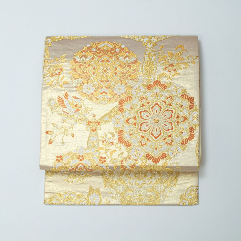 美品】袋帯 唐花文 鳳凰 金彩 オフホワイト 西陣織 正絹 礼装用