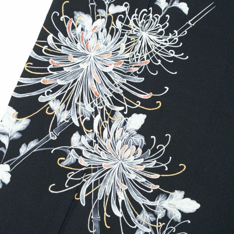 付下げ訪問着 臈纈染め 刺繍 糸菊の図 柄 黒 正絹 袷 身丈：約