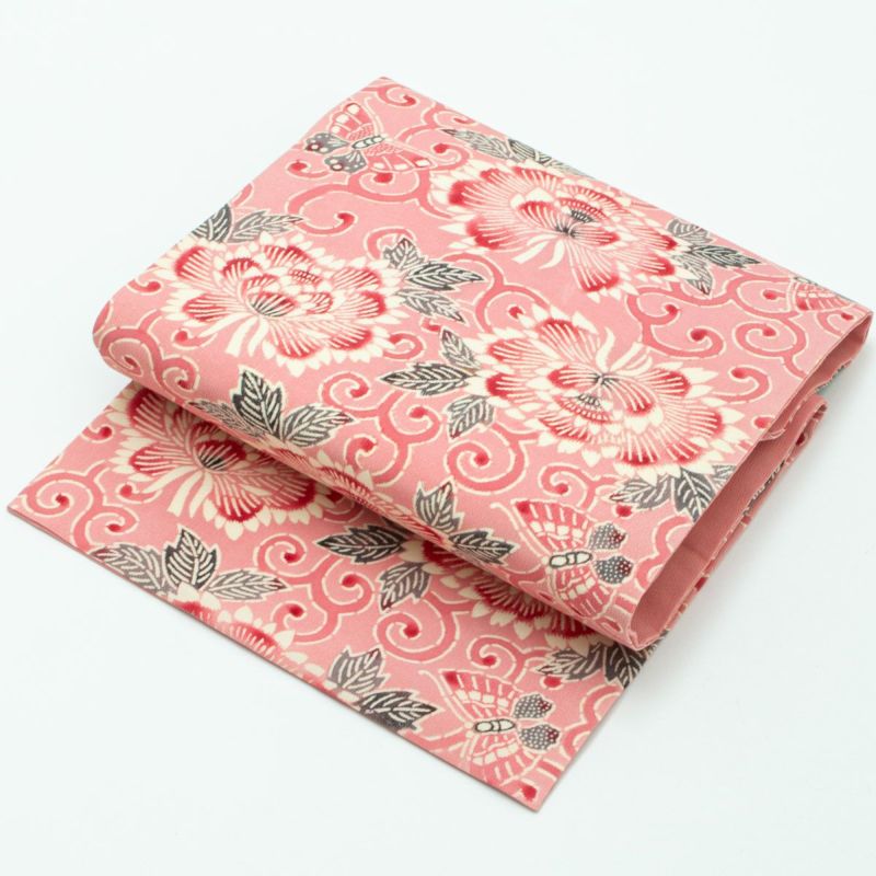 ★専用★美品 開き名古屋帯 紅型染め くすみピンク 3m85cm 縮緬地 正絹 美品 開き名古屋帯 紅型染め くすみピンク 3m85cm 唐花 蝶 縮緬