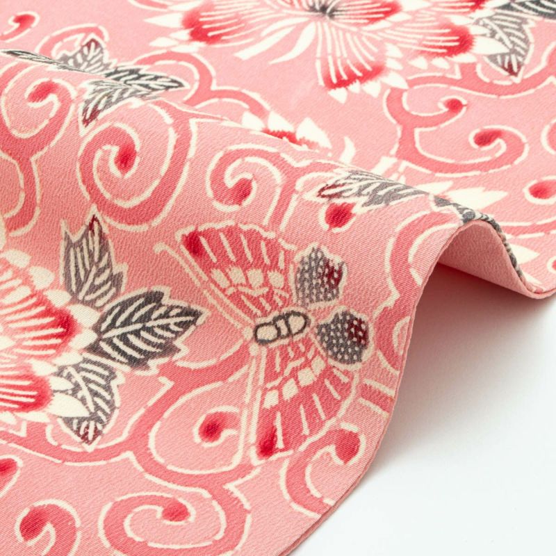 未使用品】名古屋帯 縮緬 紅型染め 菊唐草 胡蝶 ピンク 赤 正絹