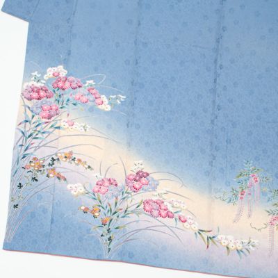 特選エキゾチック更紗唐草訪問着＋帯【横段ほかし◆金彩 金箔】やや紫みを帯びた黒 未仕立て】袋帯 焦灰色 ダークグレー 葡萄唐草 唐花 向かい鳥
