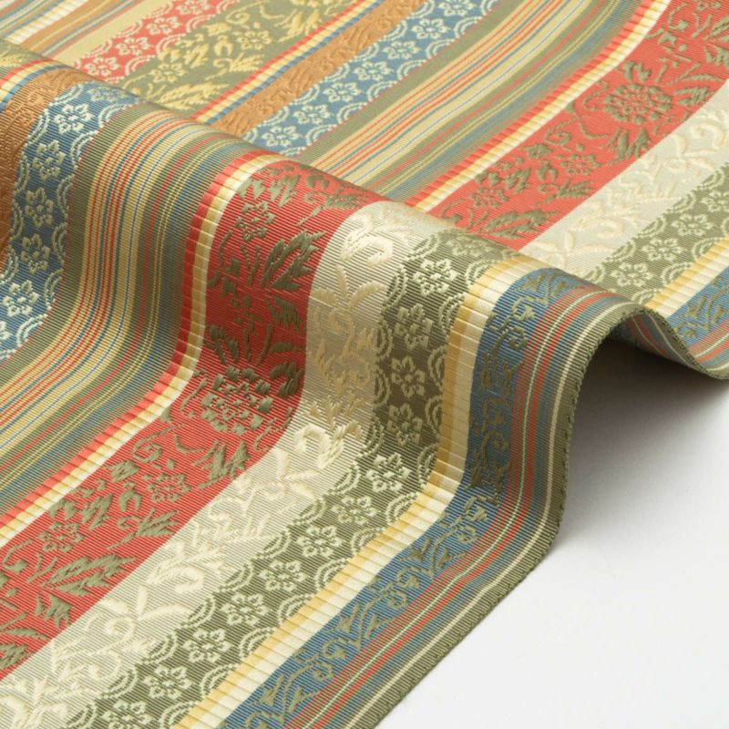 名古屋帯 本場筑前 博多織 変わり献上 花唐草柄 黄緑 青緑 赤