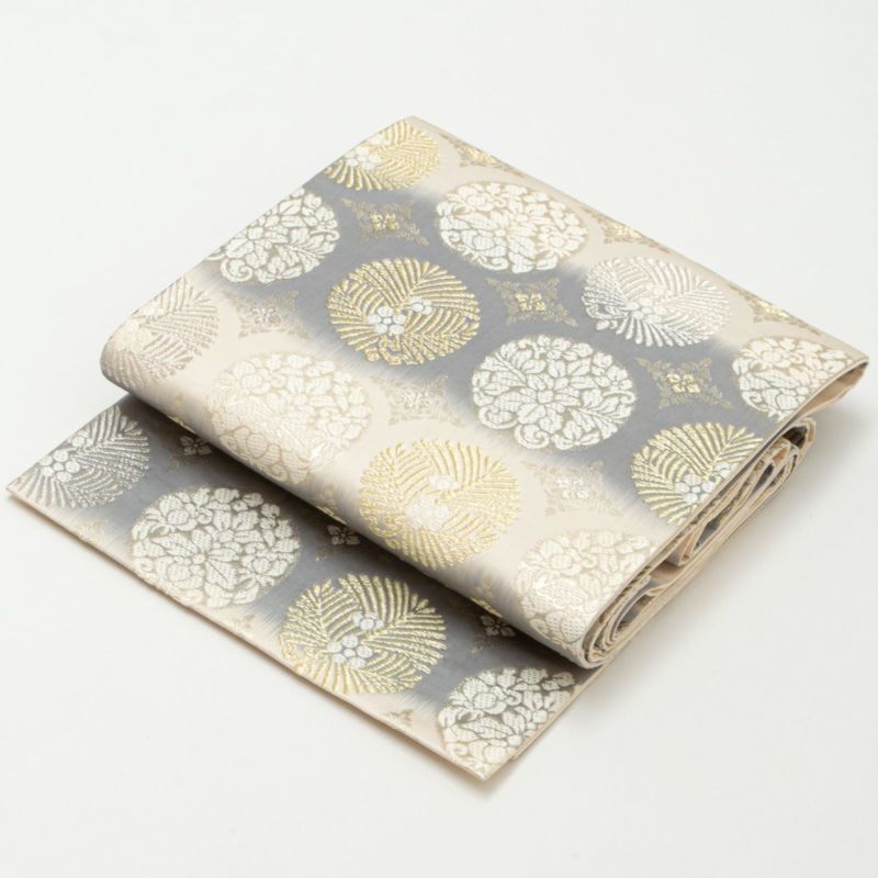 前田眞織物】袋帯 唐織 草木染 金糸織 唐花丸紋 オフホワイト