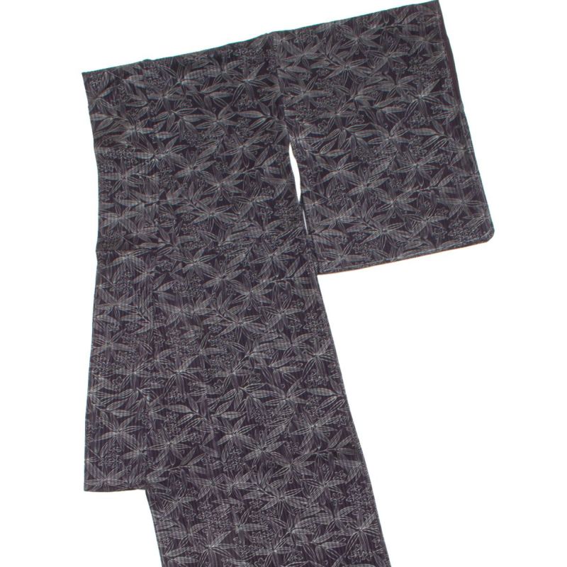 美品】小紋 友禅 ボタニカル柄 モダン 黒紅 丹後ちりめん 縞 紋意匠