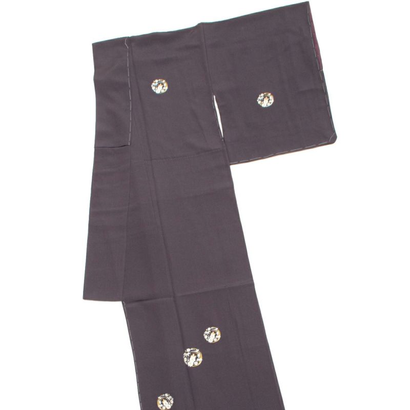 美品】訪問着 刺繍 花丸文 黒紅 正絹 袷 身丈：約149cm 裄：約65cm