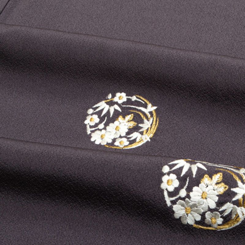 美品】訪問着 刺繍 花丸文 黒紅 正絹 袷 身丈：約149cm 裄：約65cm