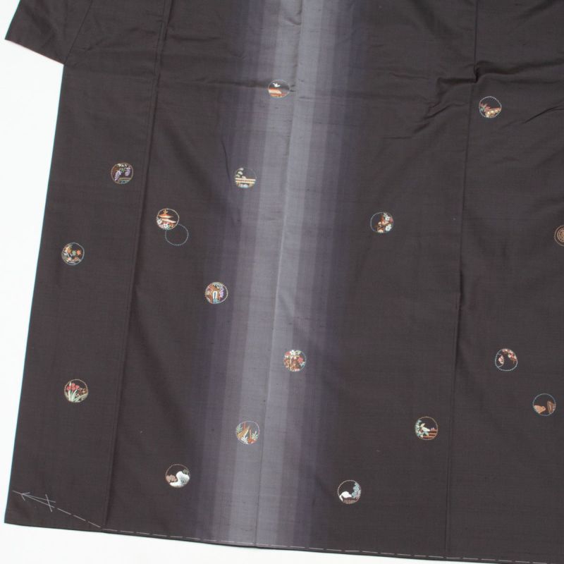 未使用品】付下げ訪問着 紬 刺繍 花景色 丸文 似せ紫 正絹 袷 身丈：約