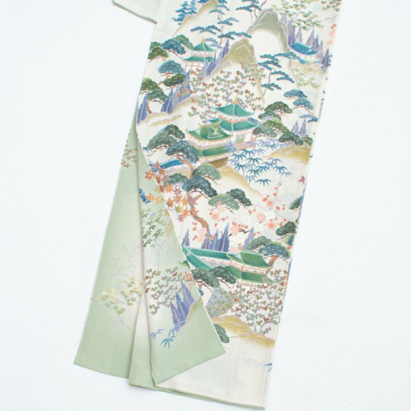 田村哲彦】訪問着 十日町友禅 手描き 山景 楼閣 花木文 白 パール