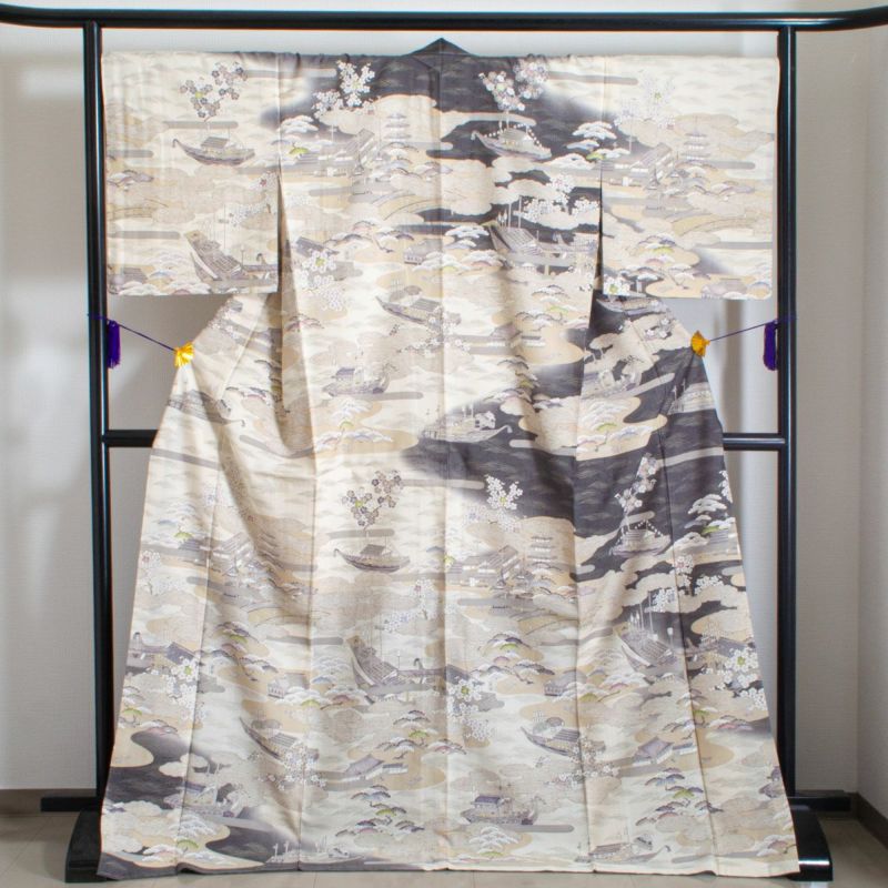 未使用品】しょうざん 訪問着 紬 友禅 手染め 楼閣山水文 舟の図