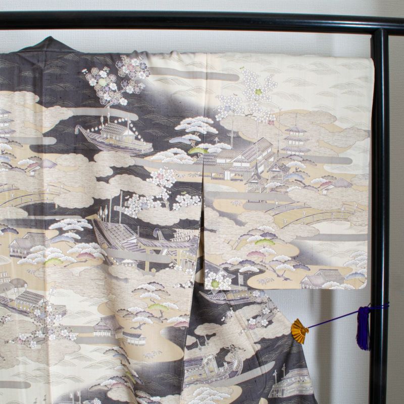未使用品】しょうざん 訪問着 紬 友禅 手染め 楼閣山水文 舟の図