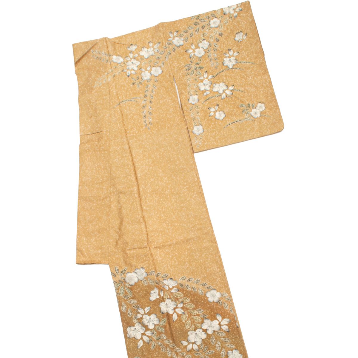 訳あり品】訪問着 辻が花 たたき染め 黄橡 正絹 袷 身丈：約154cm 裄