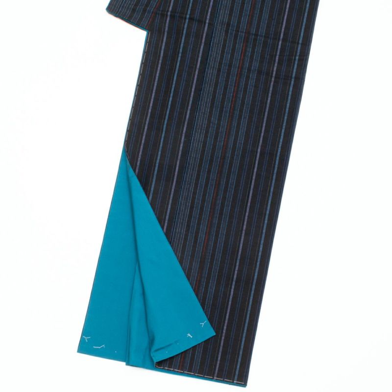 にゃん吉・正絹・紬・紺系横縞・袷・未使用品(仕付け糸付き） fb8d292c3e64c1644fbb9f06390f2d