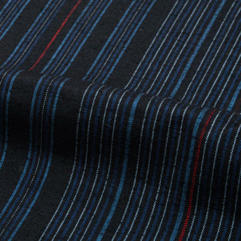 にゃん吉・正絹・紬・紺系横縞・袷・未使用品(仕付け糸付き） 美品】紬 真綿織 滝縞 紺 マルチカラー 仕付け糸付き 正絹 袷 身丈：約