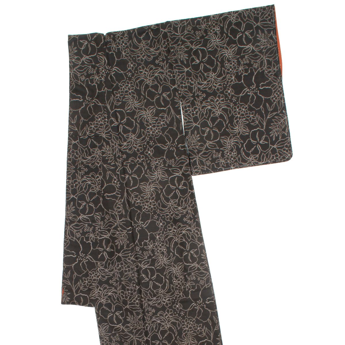 本場大島紬 泥染め 手描き風 ボタニカル文様 正絹 袷 身丈：約157cm 裄