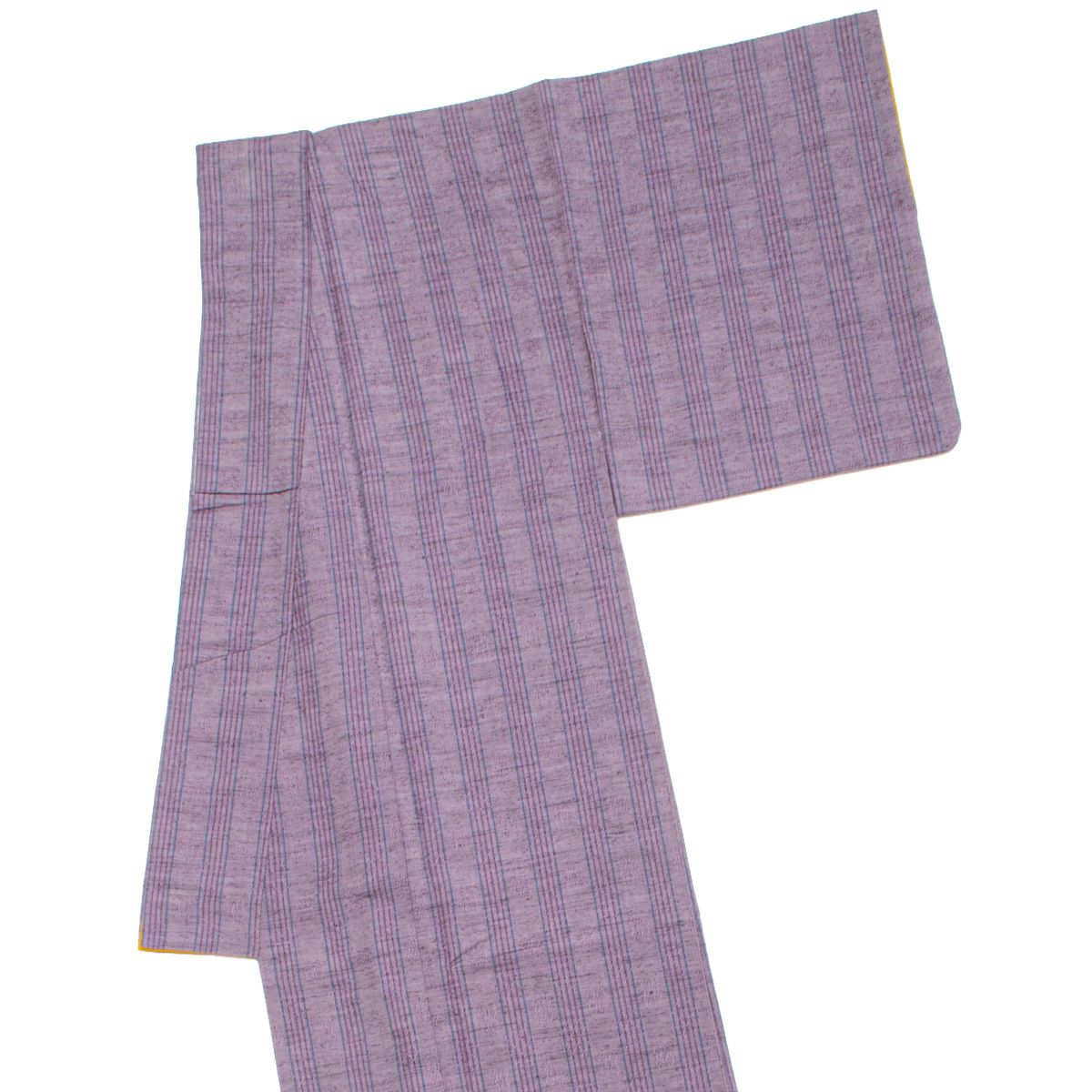 紬 真綿織 花織風 格子 縦縞 古代紫 藍色 正絹 袷 身丈：約154cm 裄