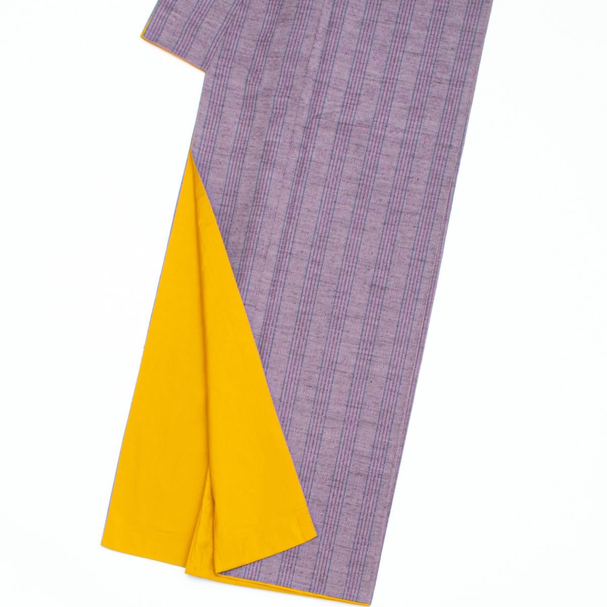 紬 真綿織 花織風 格子 縦縞 古代紫 藍色 正絹 袷 身丈：約154cm 裄