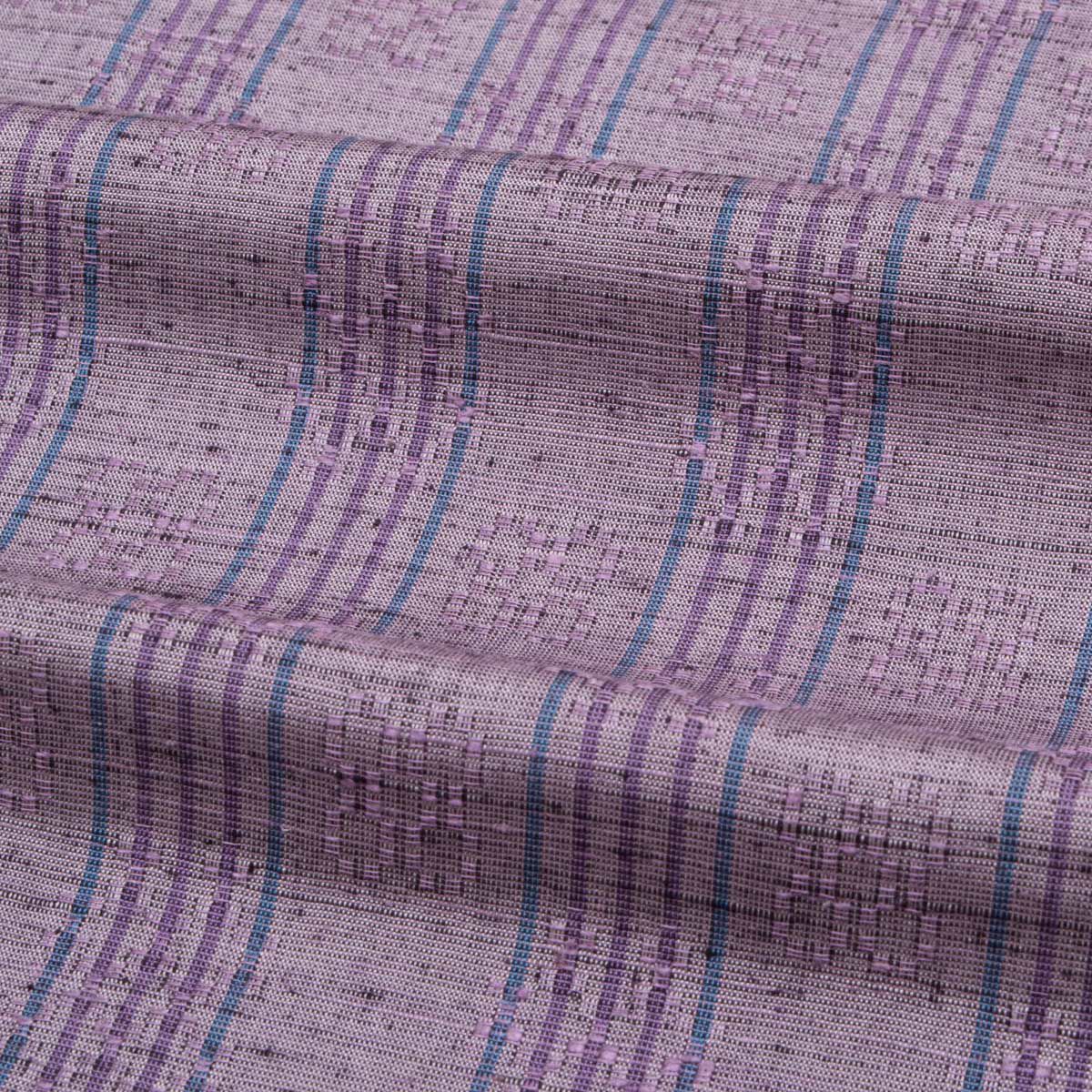 紬 真綿織 花織風 格子 縦縞 古代紫 藍色 正絹 袷 身丈：約154cm 裄