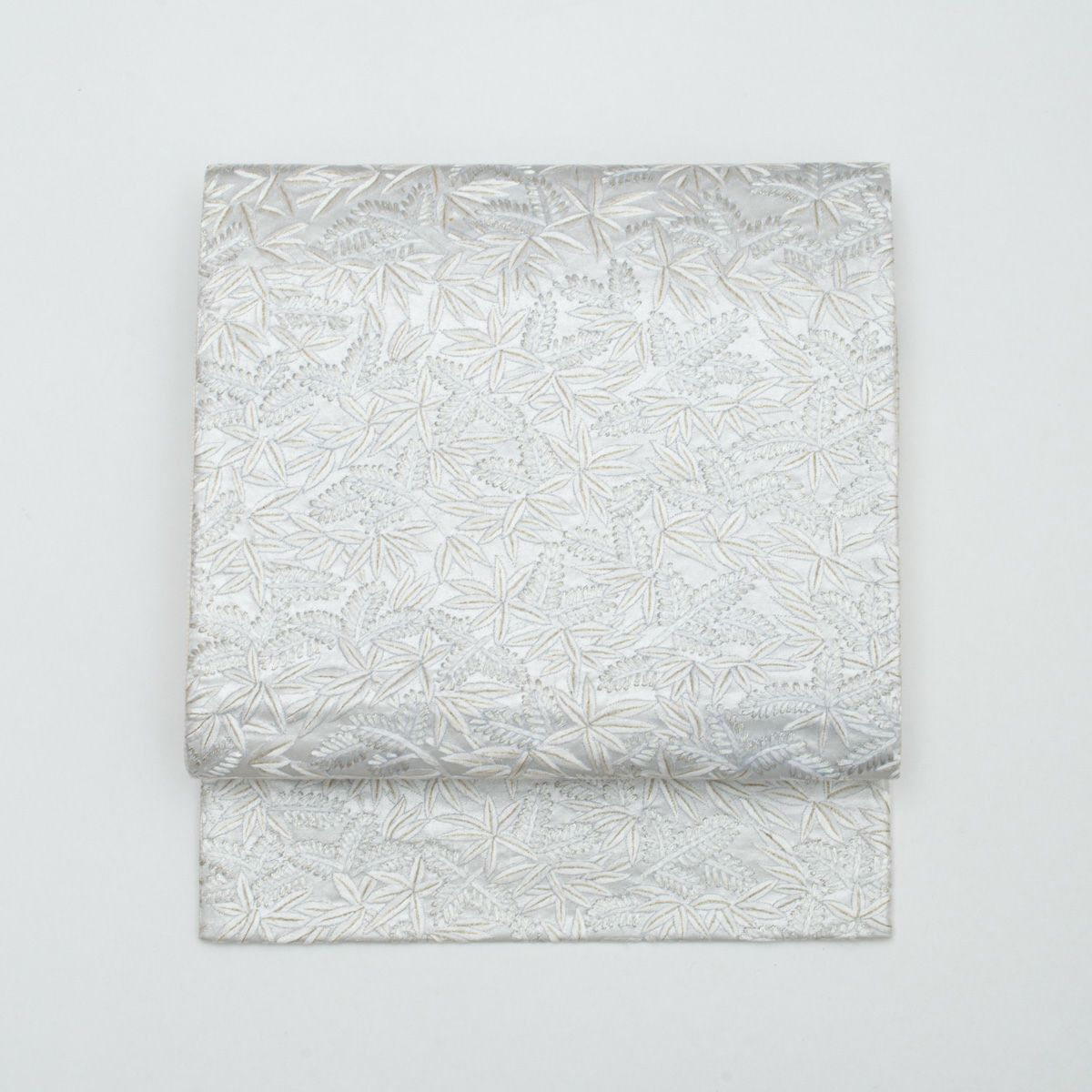 中国三大刺繍 蘇州刺繍】袋帯 葉模様 月白色 金糸 シルバー 西陣織