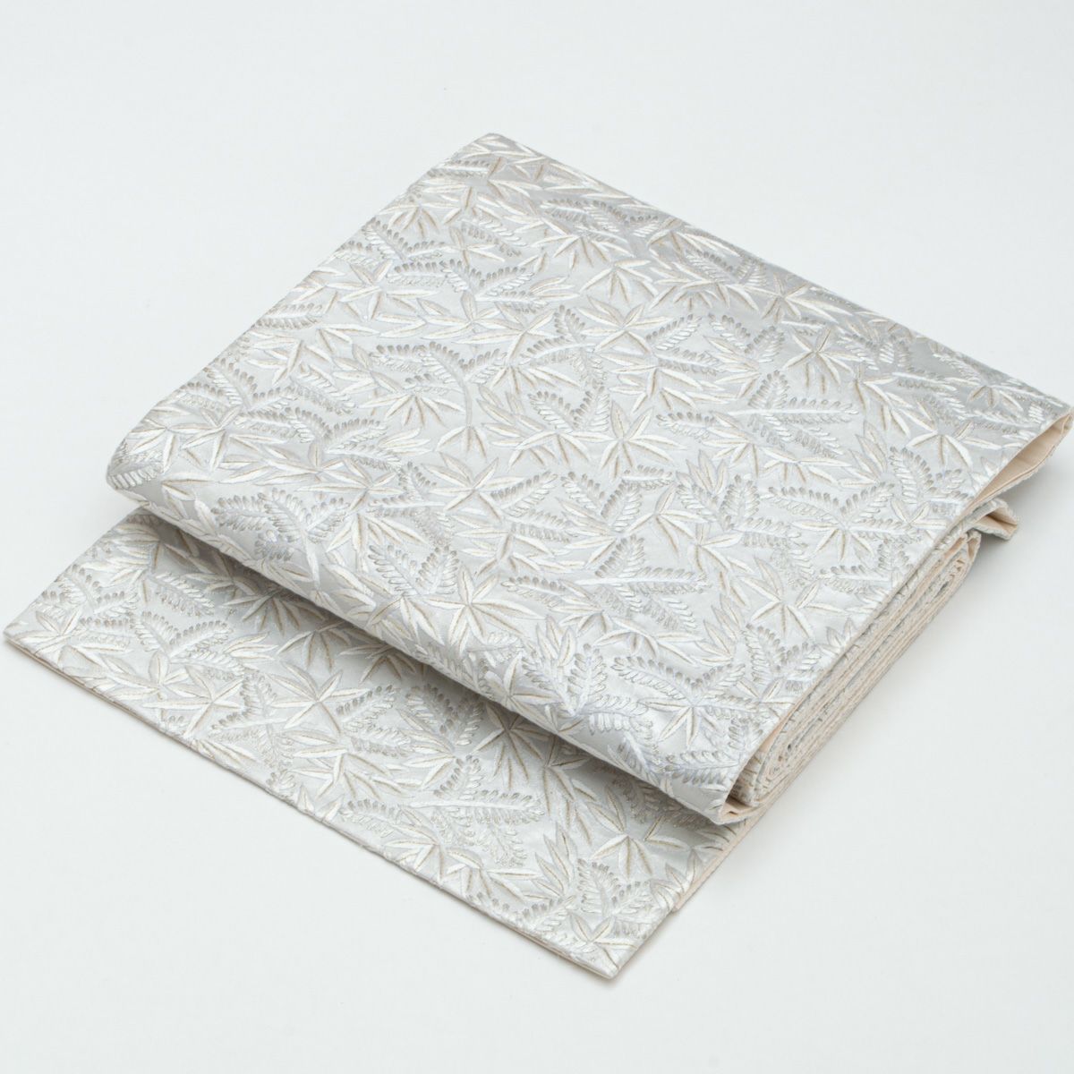 中国三大刺繍 蘇州刺繍】袋帯 葉模様 月白色 金糸 シルバー 西陣織