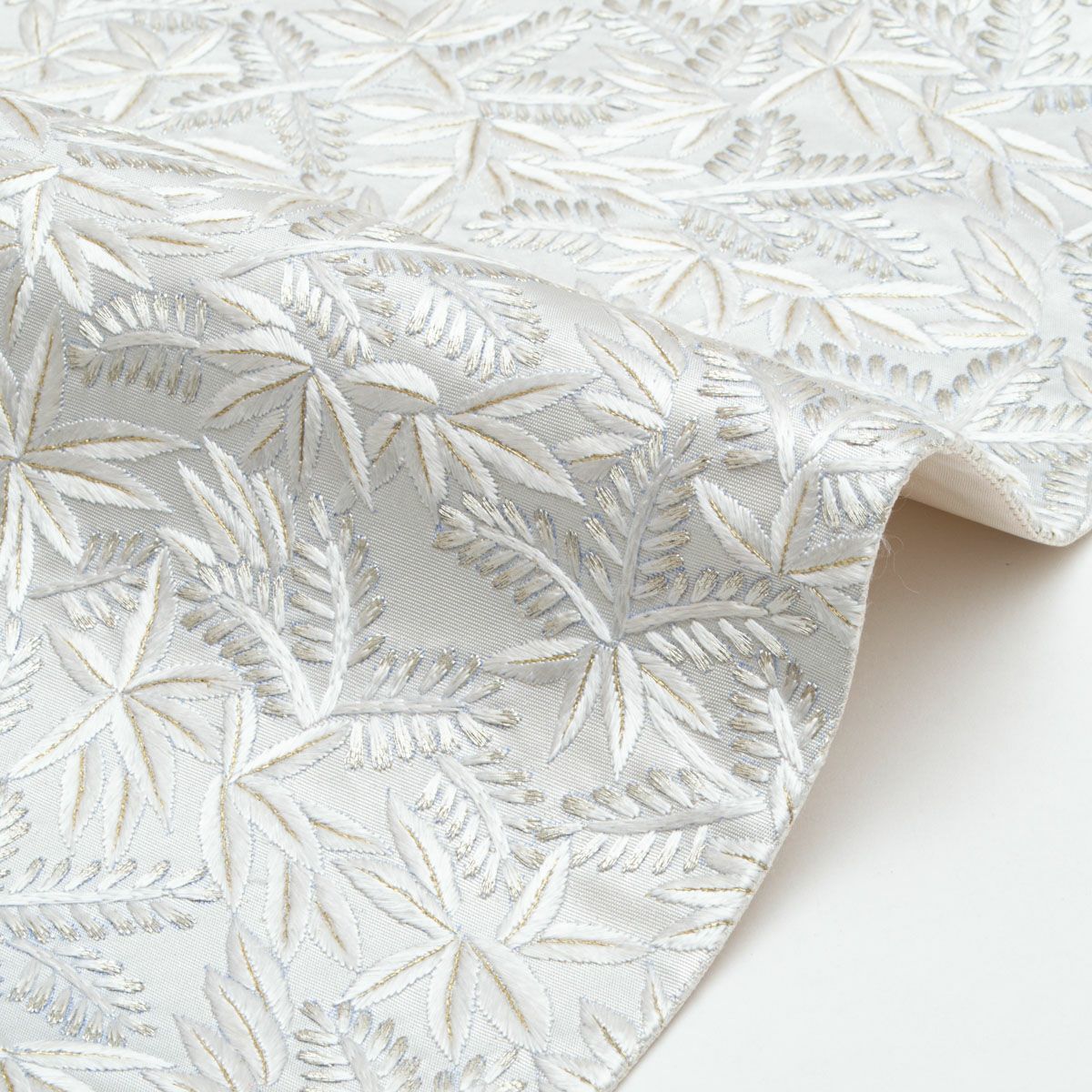 中国三大刺繍 蘇州刺繍】袋帯 葉模様 月白色 金糸 シルバー 西陣織