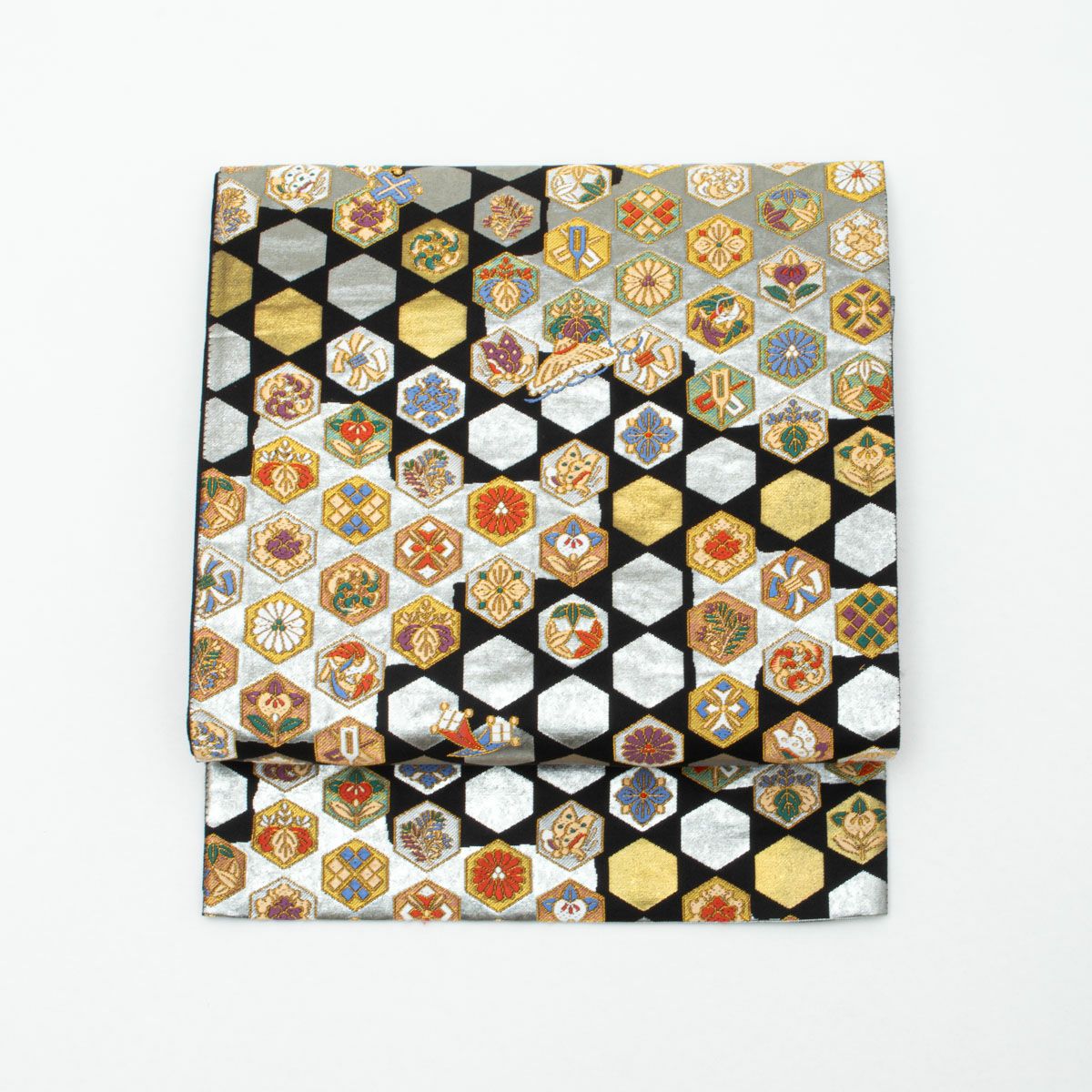 袋帯 唐織 宝尽し文 植物文 亀甲 黒 金 銀 マルチカラー 西陣織 正絹