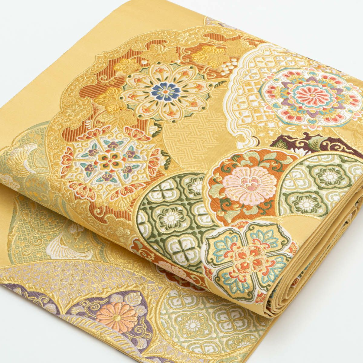 袋帯 唐織 唐花文 丸文 雪輪文 鏡裏文 重ね 金糸織 飴色 西陣織 正絹