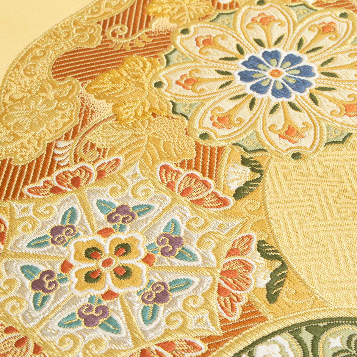 袋帯 唐織 唐花文 丸文 雪輪文 鏡裏文 重ね 金糸織 飴色 西陣織 正絹