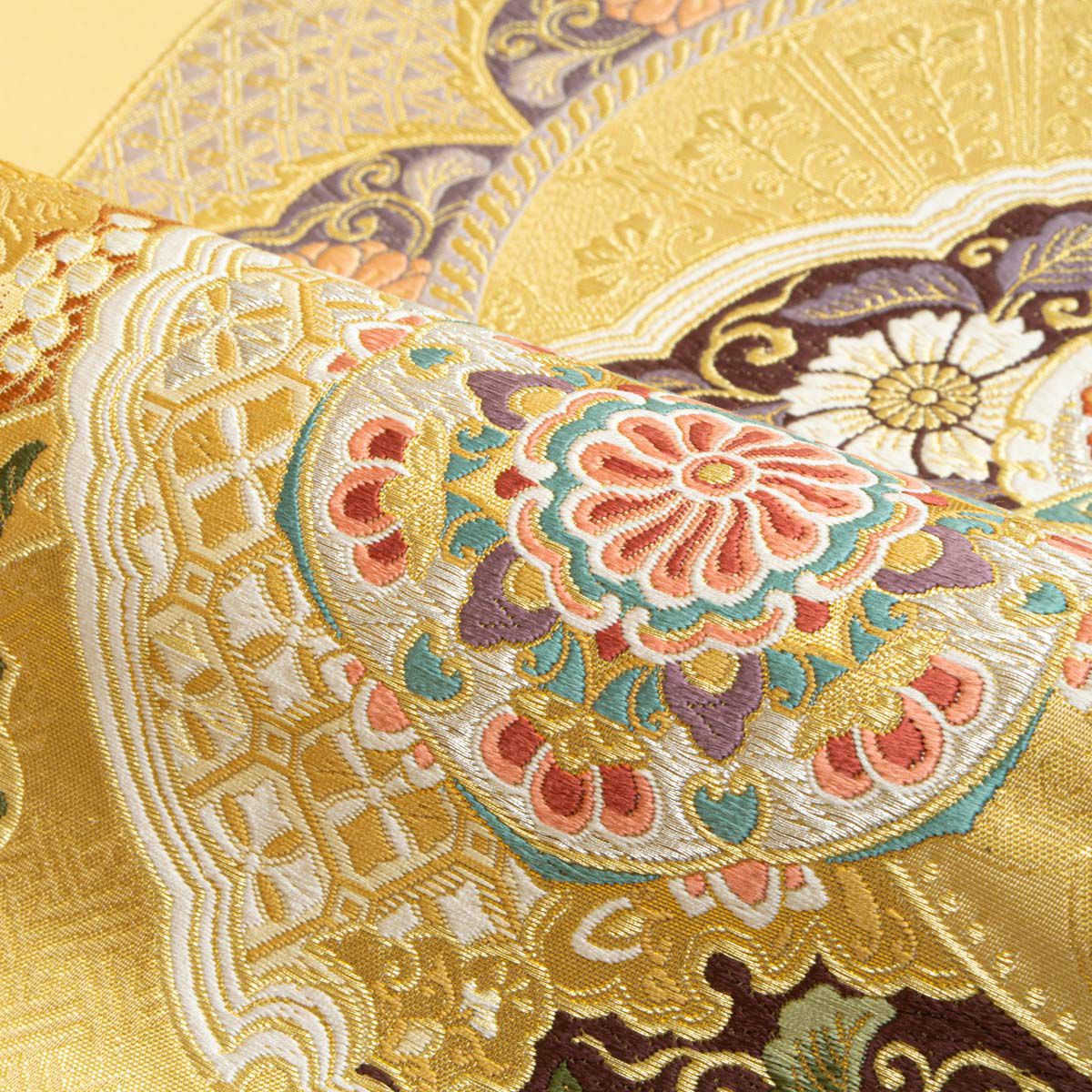 袋帯 唐織 唐花文 丸文 雪輪文 鏡裏文 重ね 金糸織 飴色 西陣織 正絹